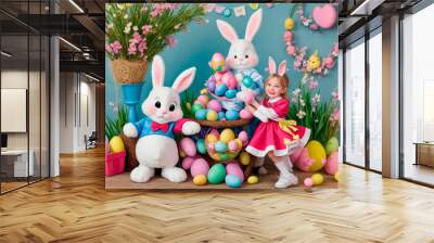 Cute and kind Easter bunnies in cartoon style with big ears shines with a joyful smile, ready to give joy and cheer everyone who meets him on the way. Wall mural