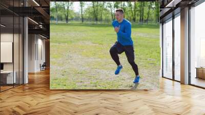 Young athlete runs along the green field Wall mural