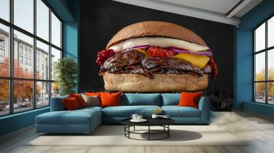 Delicious juicy burger from Brioche Bun, Steak New York, American Cheddar, Sun-dried tomatoes, Red onion, Onion marmalade, Iceberg. Hamburger for poster or menu. Free space for text. Wall mural