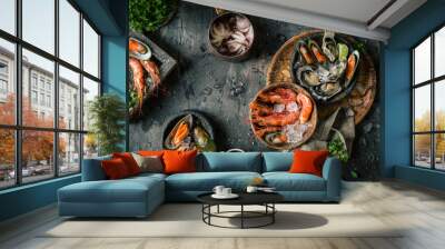 Seafood. Fresh shrimps, oysters, mussels, langoustines, octopus in ice with lemon Wall mural