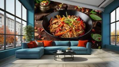 Soba, udon, asian wheat noodles with beef and vegetables: broccoli, carrots, sweet peppers, zucchini Wall mural