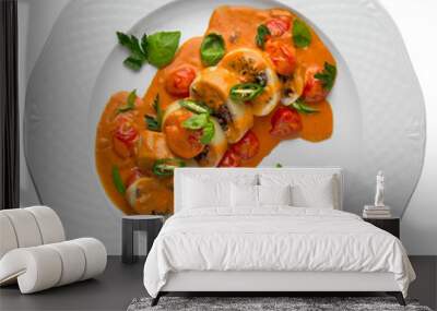 Squid or champignon stuffed with seafood in spicy sauce. Gourmet restaurant menu. Isolated on white background. Flat lay top view Wall mural