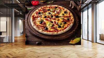 Tasty hot italian pizza Marinara with Squids, Shrimps, Olives, Mussels, Dried Tomatoes, Tomato Sauce with  on old wooden table. Pizzeria menu. Concept poster for Restaurants or pizzerias Wall mural