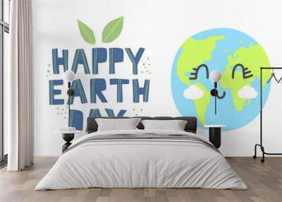 Happy earth day banner. Cartoon cute earth with happy expression. Happy earth day hand drawn lettering in modern paper cut style. Earth day kids concept. Wall mural