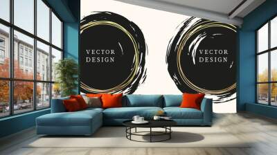 Set of two grunge brush stroke round elements. Circle painted background decorated by hand-drawn golden frames.  Wall mural