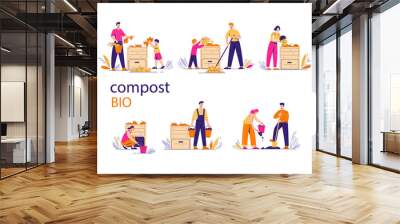 Compost bin with bio-recycling of waste. A pile of waste for organic fertilizers. Gardeners people next to the box. Set of vector illustrations in flat style. Wall mural