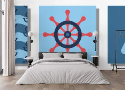 A set of square posters on a marine theme with a boat and a vintage steering wheel. Vector illustration for wall decoration, banners, prints Wall mural