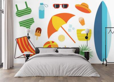 Set of summer elements, travel, beach, summer vacation. Vector illustrations of accessories for a beach holiday: cocktails, ice cream, beach umbrella, hat and exotic leaf. Wall mural