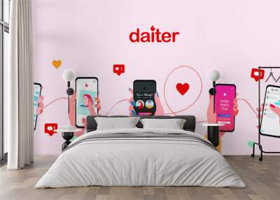 Online dating service application. Hands holding smartphone with dating app. Modern young people looking for a couple. Concept of social media, virtual relationship communication. Dating app design Wall mural