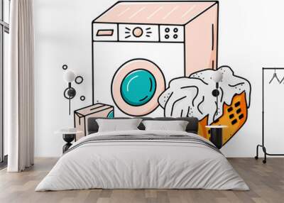 laundry concept. hand drawn vector illustration of washing machine, washing powder and dirty laundry Wall mural