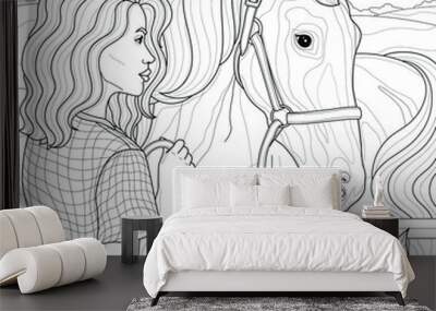 Girl with a horse.Coloring book anti stress for children and adults. Illustration isolated on white background. Zen-tangle style. Wall mural