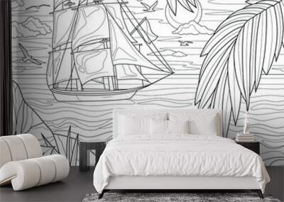 Ship at sea and palms.Landscape.Coloring book antistress for children and adults. Illustration isolated on white background.Zen-tangle style. Hand draw Wall mural