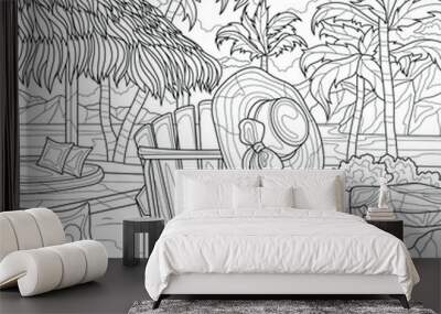 Sunbed by the sea near the bungalows and palm trees. Landscape.Coloring book antistress for children and adults. Illustration isolated on white background.Zen-tangle style. Hand draw Wall mural