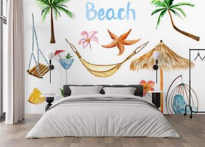 Watercolor set on a summer and beach theme with palm trees, leisure items, swing, coconut, tropical flowers and leaves. Wall mural