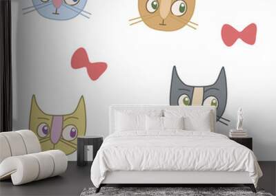 multicolored cats and red bows on a white background seamless pa Wall mural