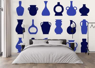 Ancient pottery set. Antique blue ceramic vases amphora jar silhouette shapes, hand drawn isolated icons. Modern vector illustration Wall mural