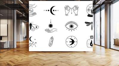 Boho mystic doodle set. Magic simple hand drawn logo icons with stars crystal eye sun moon. Vector abstract  illustration Wall mural