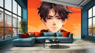 Cartoon anime men portrait. Cute comic male character, anime kawaii boy face with big eyes in manga style. Flat modern illustration Wall mural