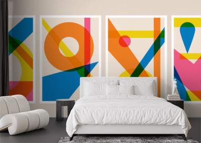 Risograph geometric sharp shapes posters. Bauhaus elements cover template, overlay riso print love concept. Vector set Wall mural