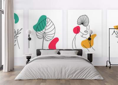 Set of minimalistic posters with womens silhouette and leaves. Trendy cards with abstract shapes hand drawn girl portraits and leaves. Vector illustration Wall mural