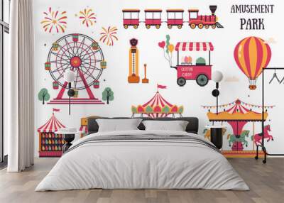 Amusement park set, ticket office, cotton candy cart, Ferris wheel, carousel, balloon, force meter, balloon darts, train. Vector graphics. Wall mural