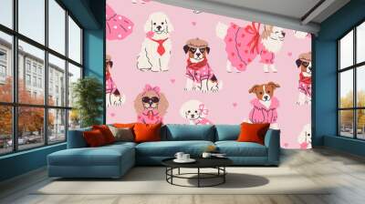 Seamless pattern with cute fashionable dogs in clothes. Vector graphics Wall mural