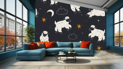 seamless pattern with cute sheep, moon and stars. vector graphics. Wall mural