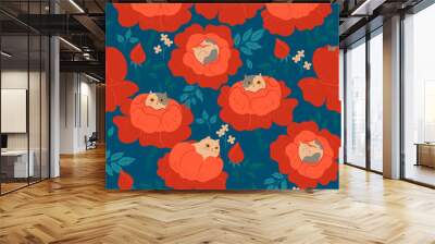 Seamless pattern with floral cats. Vector graphics. Wall mural