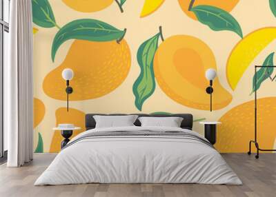 Seamless pattern with mango and leaves. Vector graphics. Wall mural