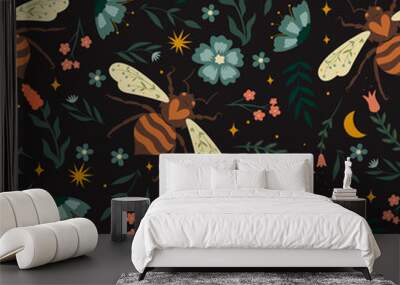 Seamless pattern with wasps and flowers. Vector graphics. Wall mural