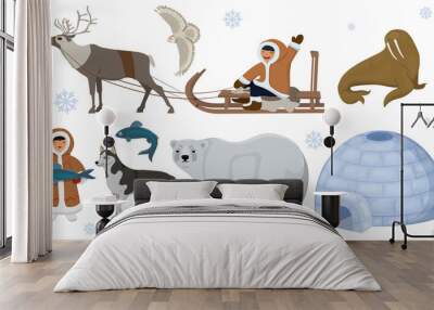 Set of ethnic Eskimos with polar animals. Polar owl, bear, walrus, deer. Vector illustration isolated on white background. Wall mural