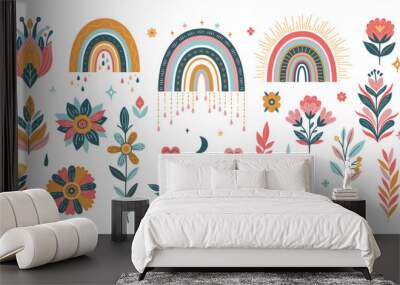 Set of rainbows and flora in boho style. Vector graphics. Wall mural