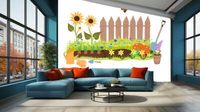 Summer garden illustration with a fence, sunflowers and garden tools. Vector graphics. Wall mural