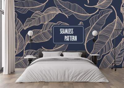 Banana leaves. Seamless pattern background. Composition Seamless exotic pattern with tropical leaves on a Dark blue background. Vector hand drawn illustration. Wall mural