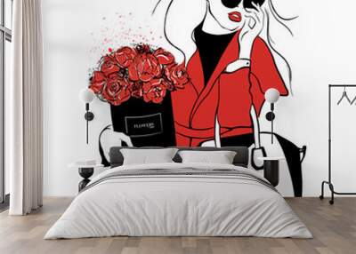 Beautiful girl in red coat, in black sunglasses with bouquet of roses, peonies and bag. Women's fashion and box flowers. Fashion woman sketch. Sketch. Vector illustration. Fashion, style, beauty Wall mural