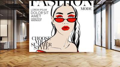 chic girl, woman face in red clothes with red makeup and sunglasses vector illustration in style of  Wall mural