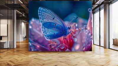 Close-up of a blue butterfly resting on a flower with water droplets. Macro photography with vibrant colors and bokeh background. Generative AI Wall mural