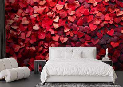 Red and pink heart-shaped confetti scattered on a dark background. Romantic and festive texture perfect for Valentine's Day, love, and celebration themes. Generative AI Wall mural