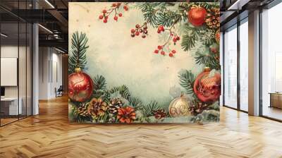 Vintage Christmas illustration with red and gold ornaments, pine branches, berries, and pinecones framing a light background. Holiday greeting card design. Generative AI Wall mural