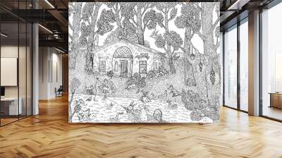 Coloring. Beautiful house in the park. Black and white ink drawing. Wall mural