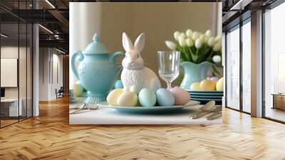 A festive Easter dinner or breakfast with an Easter egg, a bouquet of flowers and a white rabbit, an elegantly laid Easter table in pastel colors, Easter Wall mural