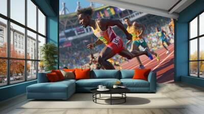 Athletes run on a running track in an outdoor stadium at the World Cup or Olympic Games Wall mural