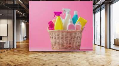 Detergents and cleaning products for cleaning the house in a wicker basket, Place for waiting for text, cleaning and cleanliness concept Wall mural