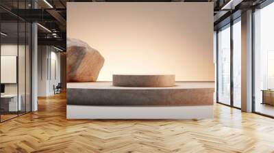 free-form pedestal made of raw stone for displaying products or cosmetics. minimalistic brutal concept for presentation made of granite or marble Wall mural