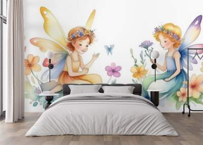 Seamless children's pattern with fairies and flowers,. pattern with cartoon fairy or elves for children, girls. Drawing for wallpaper, children's linen, poster, notebook cover Wall mural