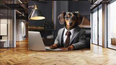 The dog is a businessman, cute dog is working at a silver laptop in his office. a dog in a jacket at work at a desk. Wall mural