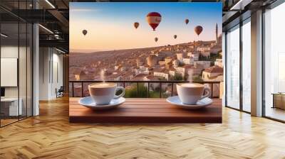 Traditional Turkish coffee on a balcony with the beautiful Turkish city of Cappadocia in the background, 2 cups of coffee or tea on a blurred background of an evening Turkish city with balloons Wall mural