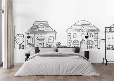 Houses set. Hand-drawn doodle vector urban illustration. Cartoon habitation. Black and white Children's drawings. Wall mural