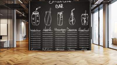  Chalk board, bar menu, cafe, smoothies, drinks, juices, recipe, ingredients, dishes, jars, mugs, tubes, fruits. Wall mural