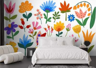 Large set of hand-drawn flowers. Flat design, cartoon, vector illustration. Wall mural